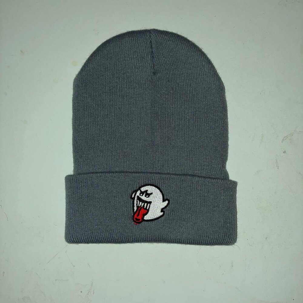 Super Mario BOO Ghost Light Gray Cotton Cuffed Beanie Boo Logo Embroidery NEW